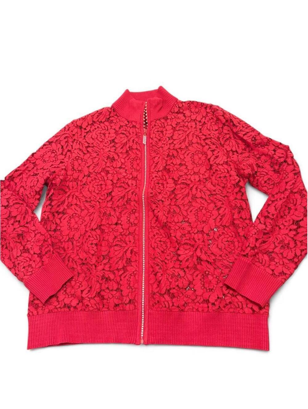 Belldini Red Floral Crochet Lace Zip-Up Bomber Jacket - Plus Size 0X